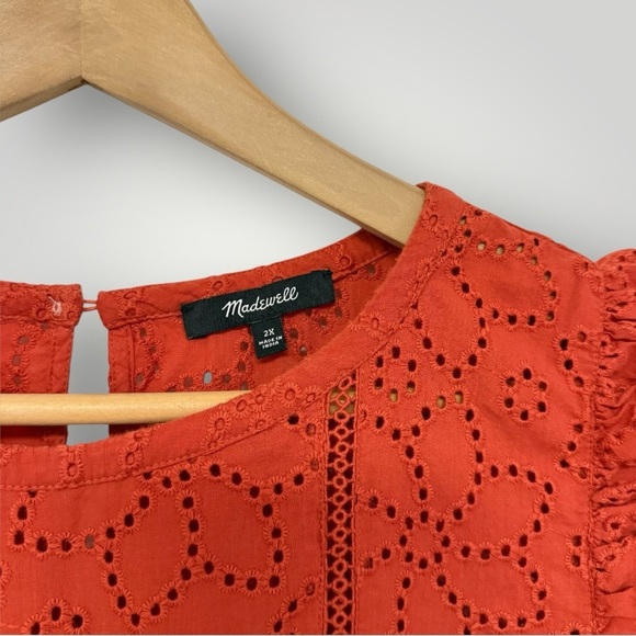 Madewell Plus Eyelet Ruffle-Sleeve Mini Dress Sz 2X Fresh Chili - Picture 3 of 9